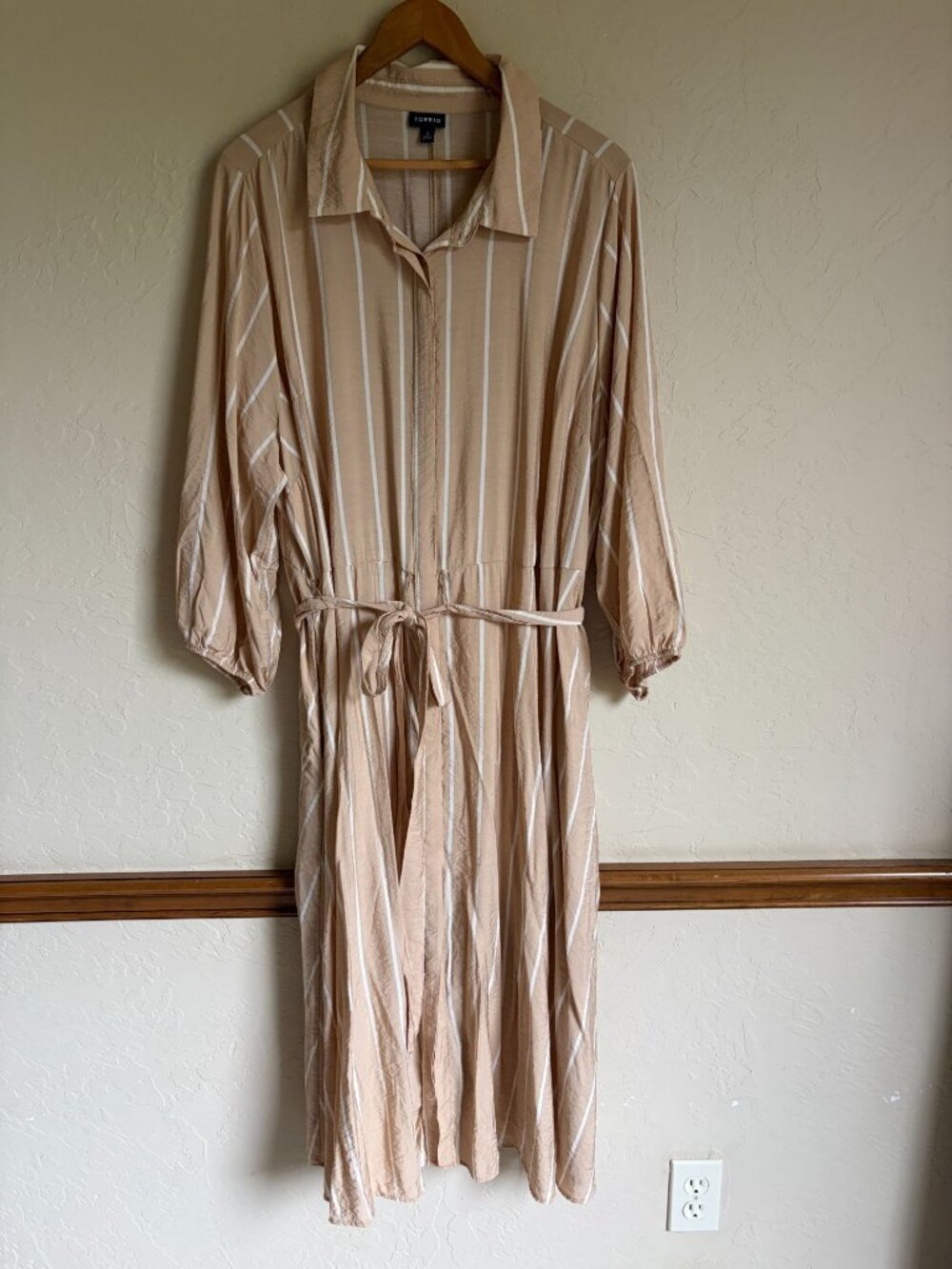 torrid Beige & White Striped Midi Shirt Dress with Tie Waist - Picture 5 of 12